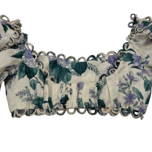 Zimmermann Floral Linen Loop Trim Puff Sleeve Crop Top 0 XS Designer Luxury - Picture 9 of 16